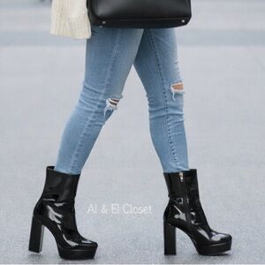 Guess BYRA Women’s Platform Block Heel Ankle Boots Black Patent, Size 10 NWB